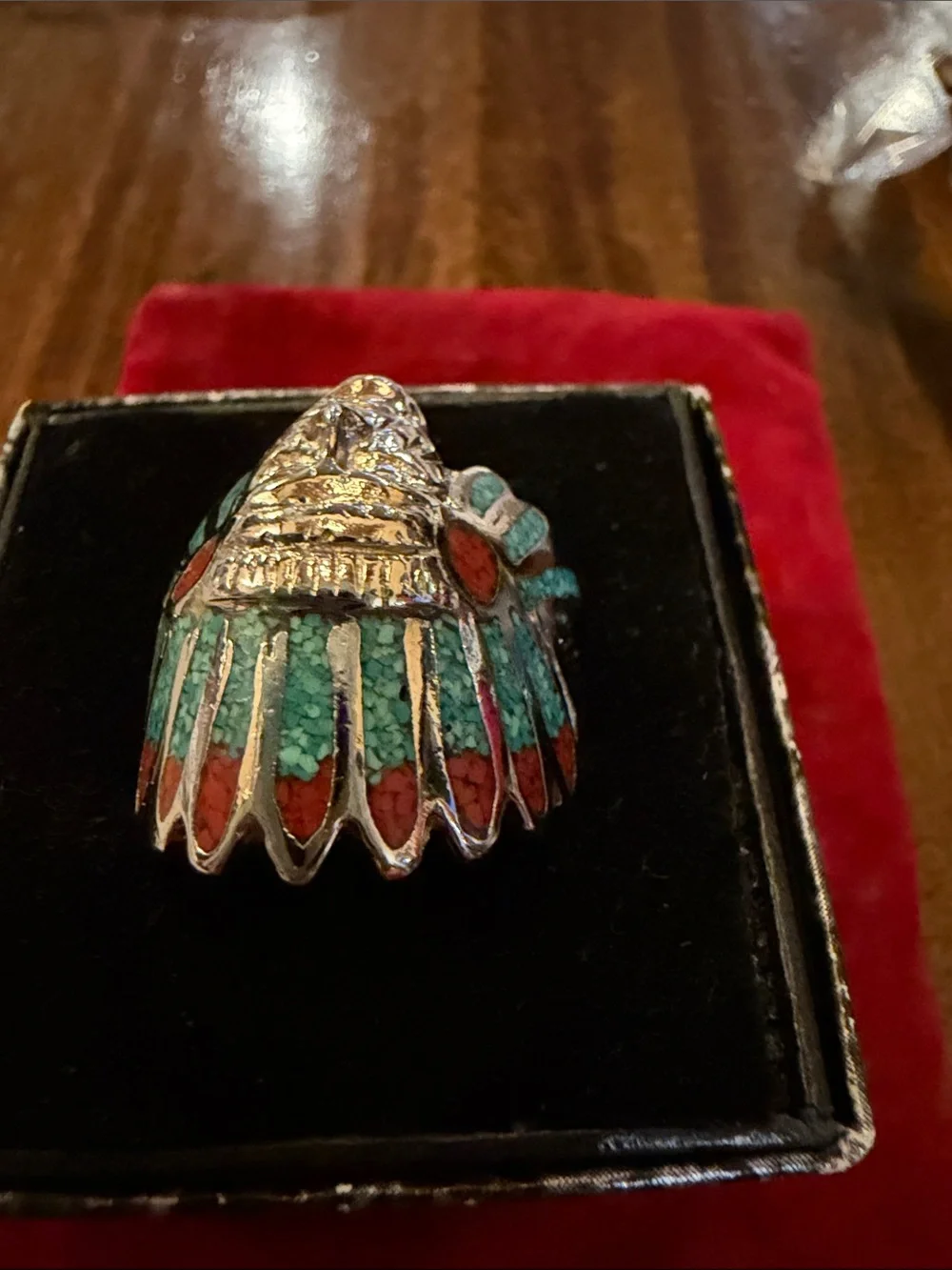 Silver-Tone Native Chief Ring with Turquoise and Red Coral Inlay Size 8